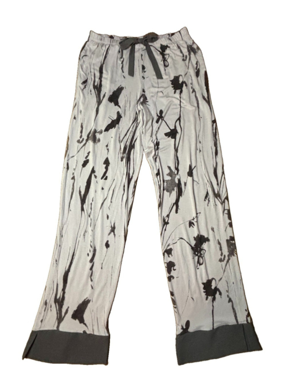 H Halston LLILK Lounge Pants S Grey Black Lilly Flower Chiffon Trim